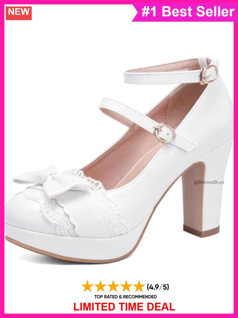 MEOTINA Women Platform Mary Jane Heels Bow Lace Ruffles Buckle Dress Pumps